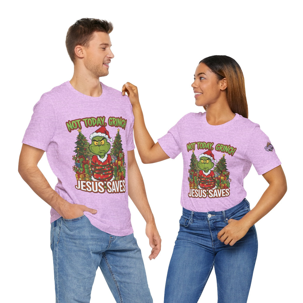 🎄 Not Today, Grinch – Jesus Saves | Funny Christian Christmas T-Shirt | Sulking Grinch & Glowing Cross | Bold Neon Faith Tee by Uplifted Gear Printify