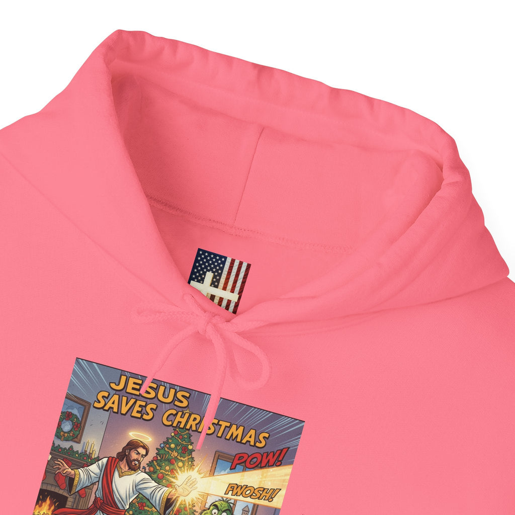 Jesus Saves Christmas Hoodie – Grinch vs Savior Light Battle Christian Sweatshirt for Hilarious Holiday Faith & True Joy Printify