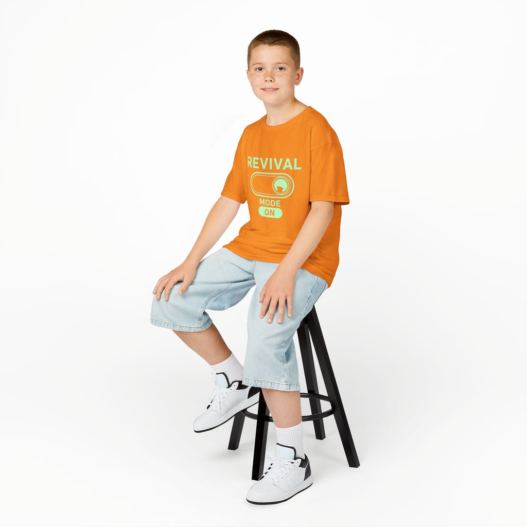 🔥 Revival Mode: ON – Christian Techwear Kids T-Shirt | Glowing Green Faith Switch | Futuristic Jesus Shirt | Activate Your Spiritual Awakening | Uplifted Gear Printify