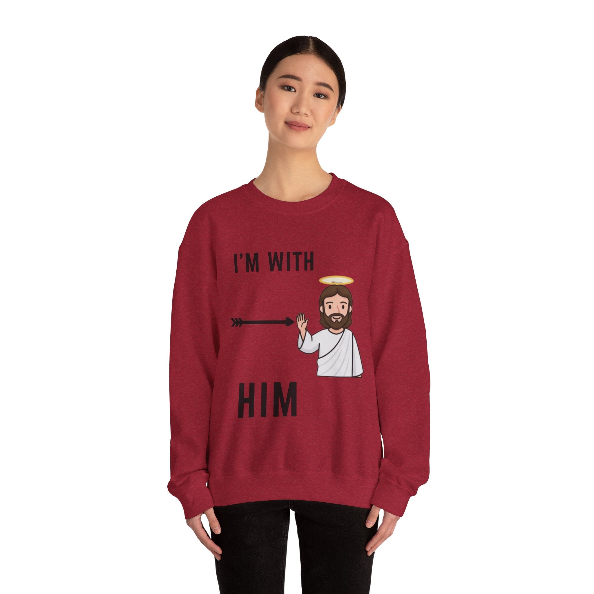 🔥 I’m With Him → Christian Sweatshirt | Arrow Pointing to Jesus | Minimalist Faith Tee | Subtle Cross Design | Bible-Inspired Apparel by Uplifted Gear Printify