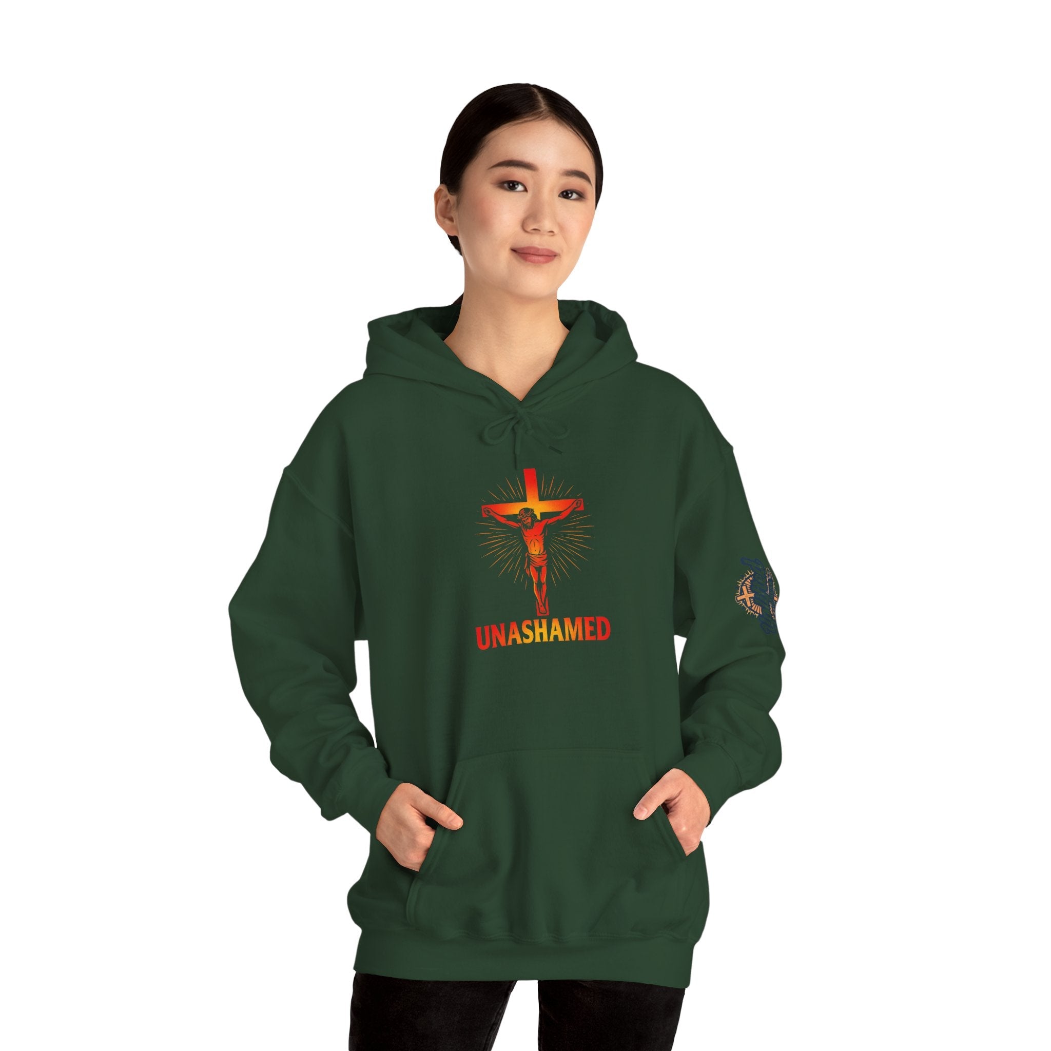 Unashamed Hoodie – Romans 1:16 Crucifixion Christian Sweatshirt for Bold Unwavering Faith Printify