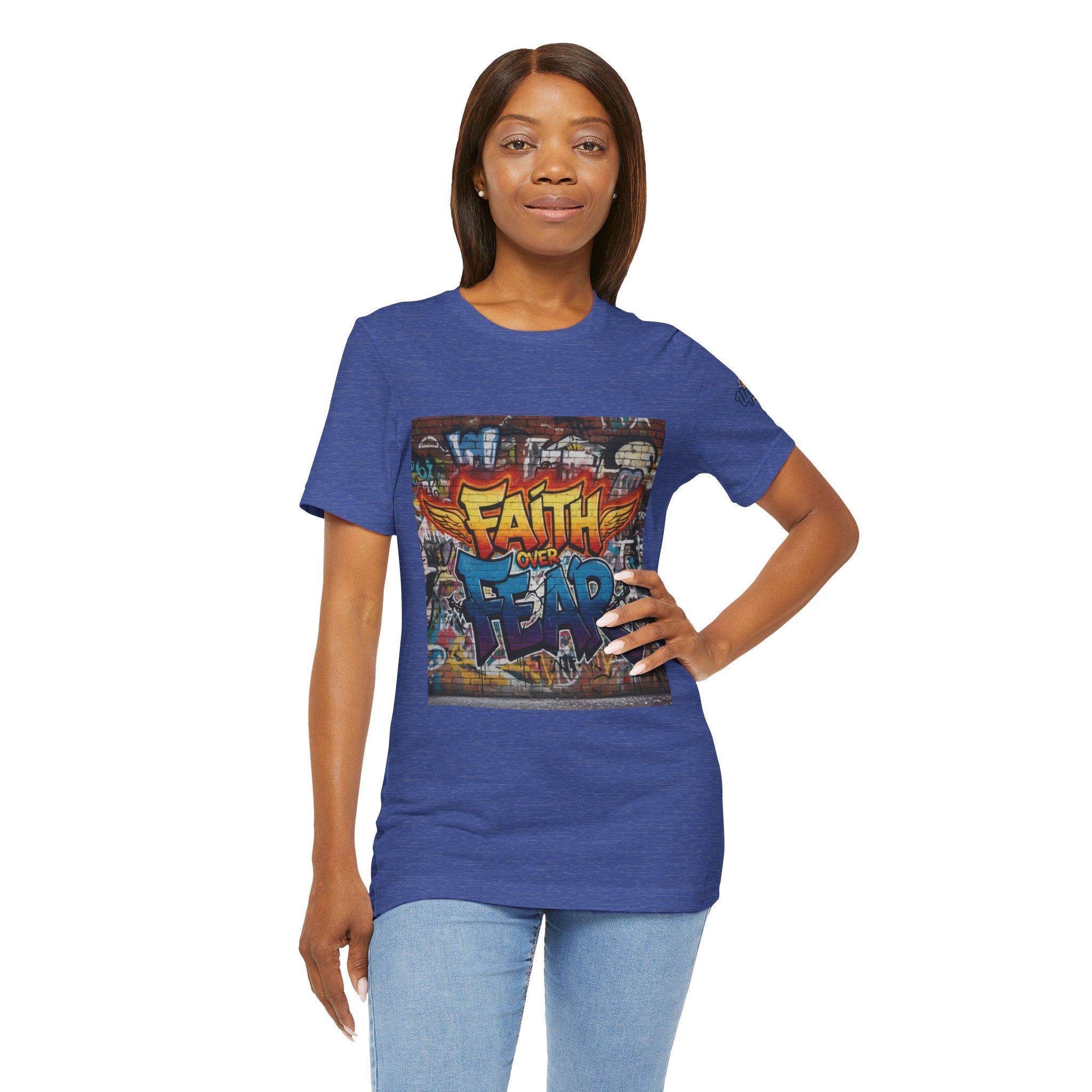 Faith Over Fear T-shirt – Graffiti Wall Christian T-shirt for Bold 2 Corinthians 5:7 Streetwear & Unshakable Faith Printify