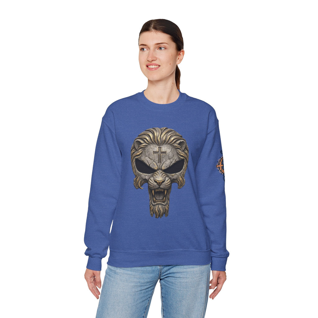 Lion of Judah Skull Christian Sweatshirt - Warrior Faith Cross Sweatshirt Printify