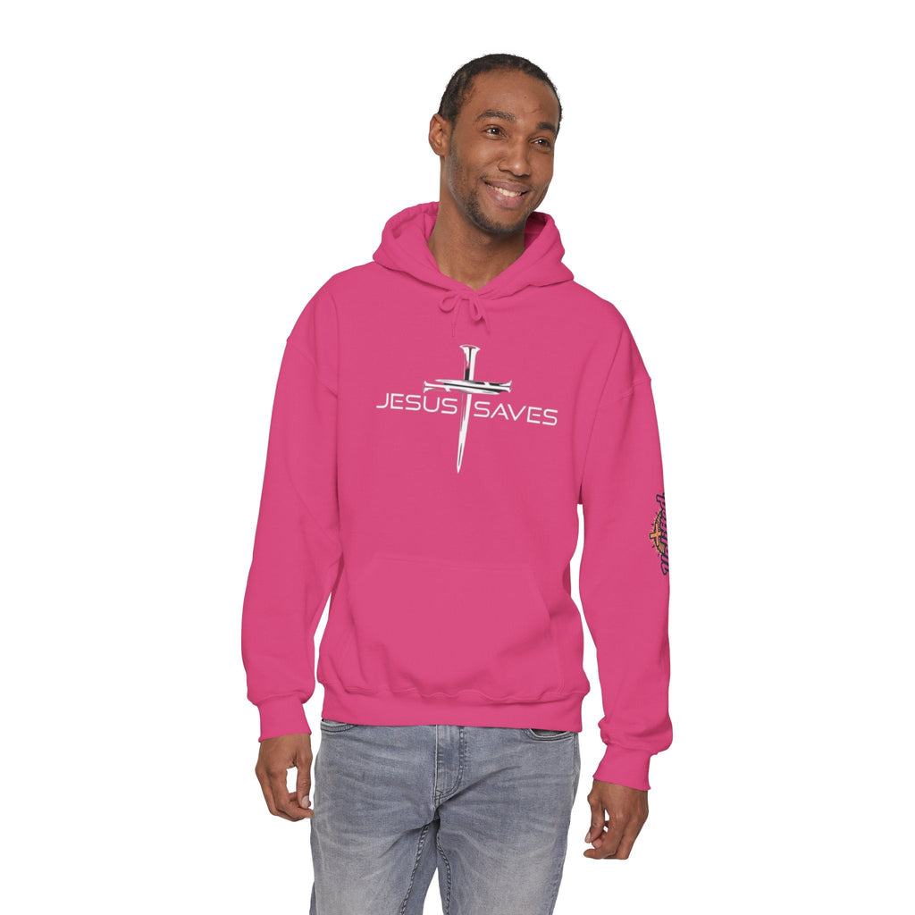 Jesus Saves Hoodie – 3 Nails Crucifix Cross Christian Sweatshirt for Redemption Faith & Bold Salvation Printify