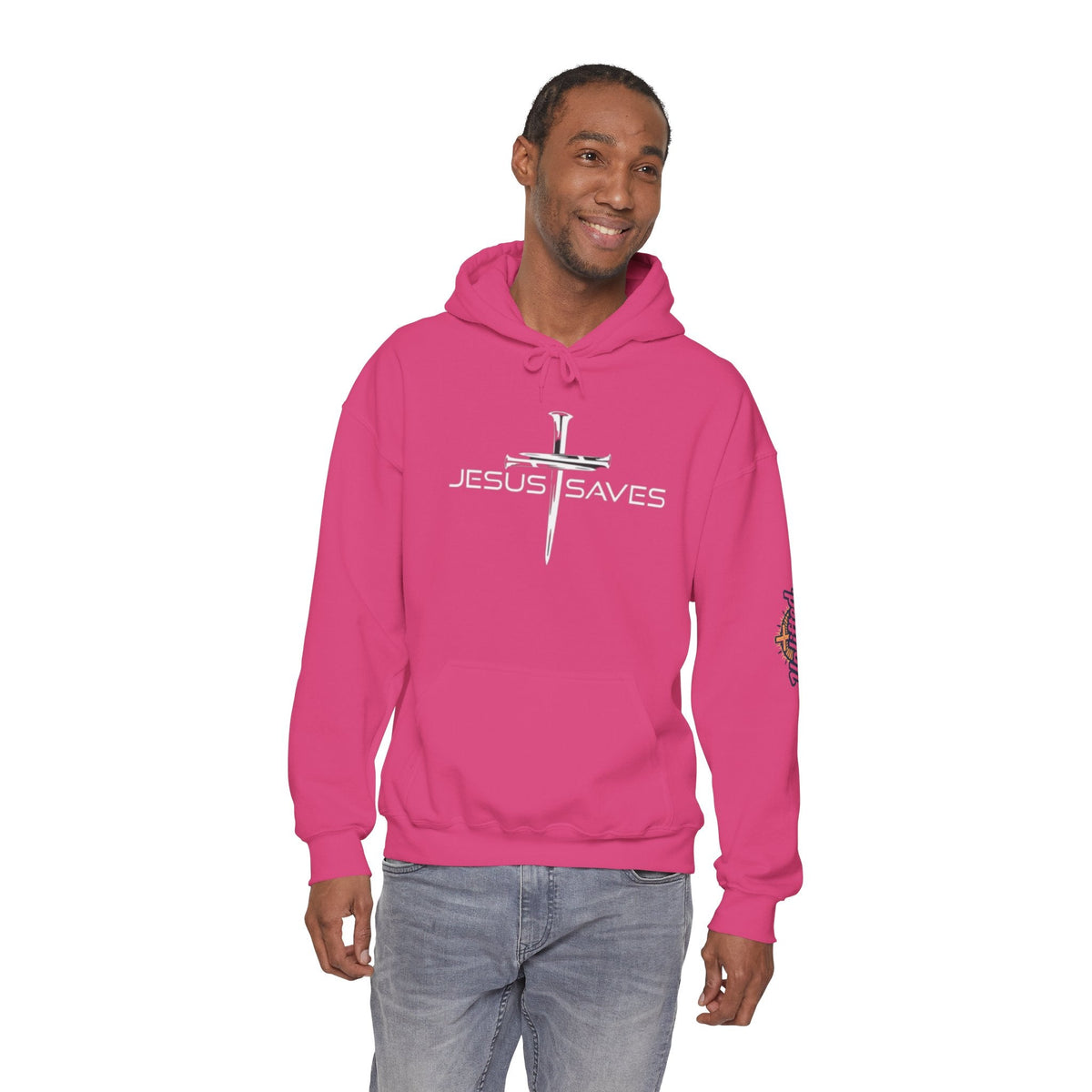 Jesus Saves Hoodie – 3 Nails Crucifix Cross Christian Sweatshirt for Redemption Faith & Bold Salvation Printify