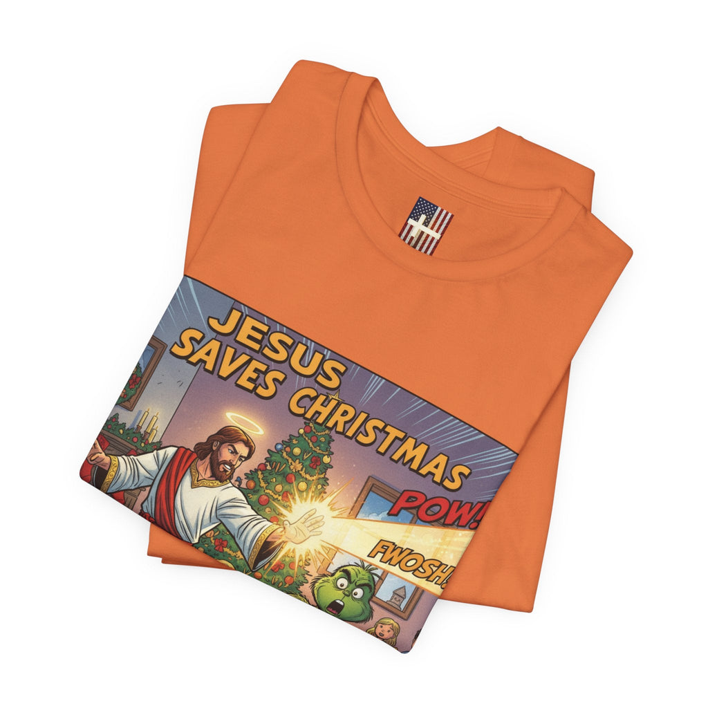 Jesus Saves Christmas T-shirt – Grinch vs Savior Light Battle Christian T-shirt for Hilarious Holiday Faith & True Joy Printify