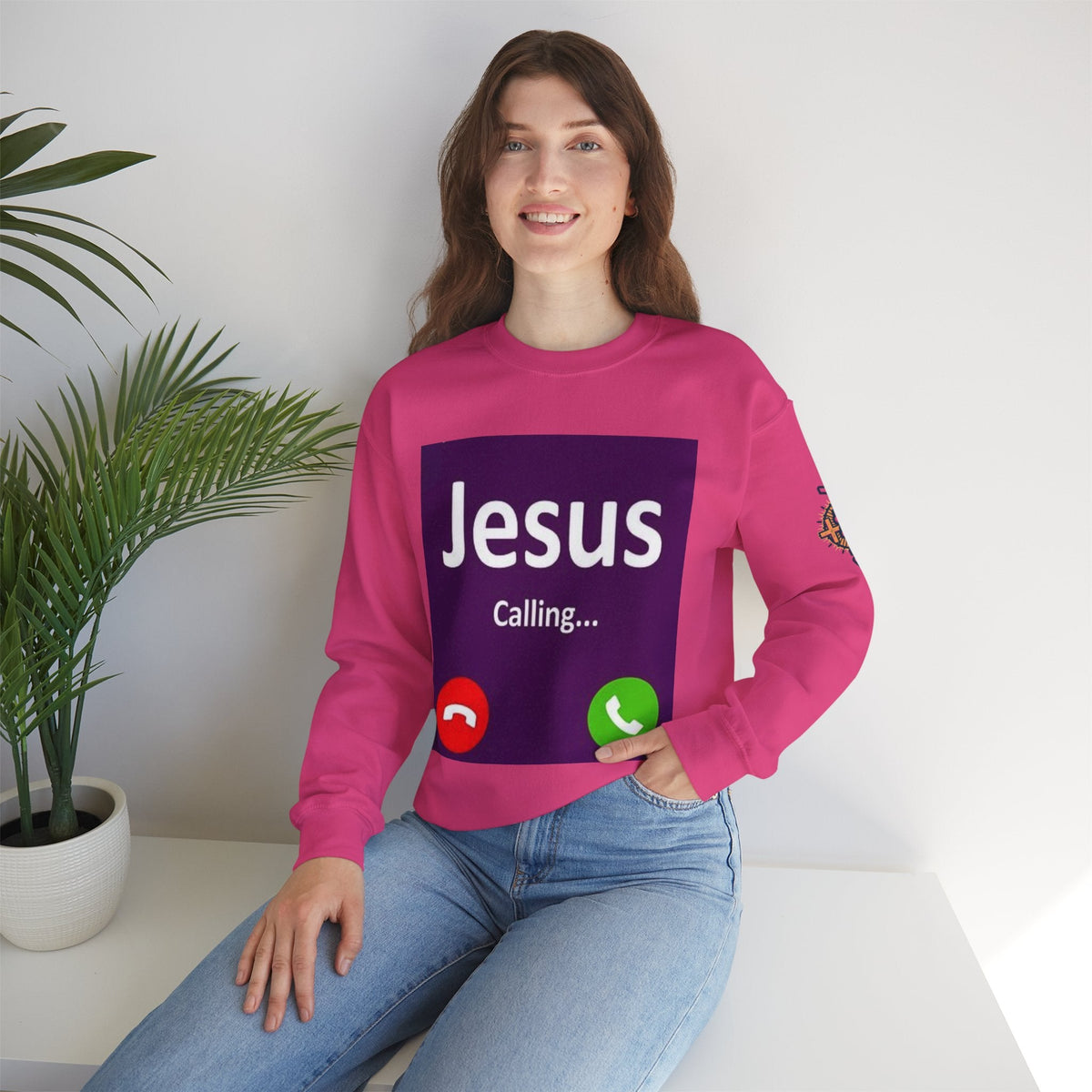 Jesus Calling Sweatshirt – Funny Cell Phone Screen Christian Sweatshirt for Divine Connection & Faith Humor Printify