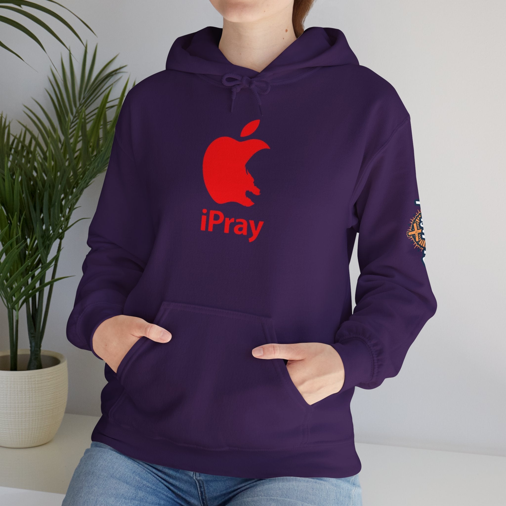 iPray Apple Logo Hoodie — Funny Christian Hoodie (Minimal Red Apple Graphic) Printify