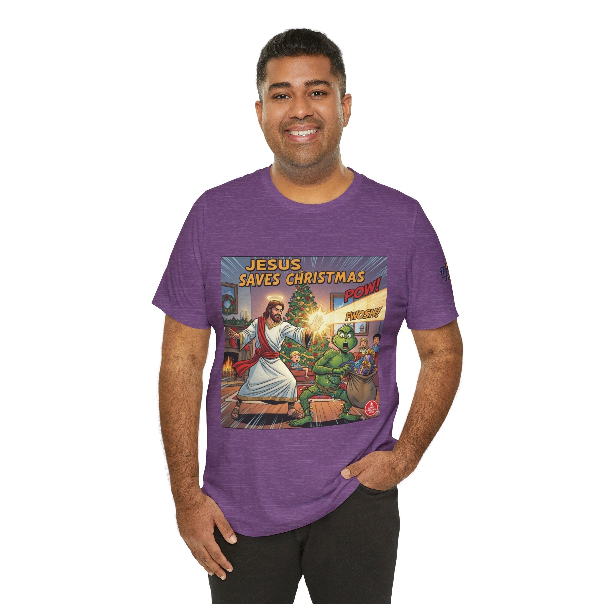 Jesus Saves Christmas T-shirt – Grinch vs Savior Light Battle Christian T-shirt for Hilarious Holiday Faith & True Joy Printify
