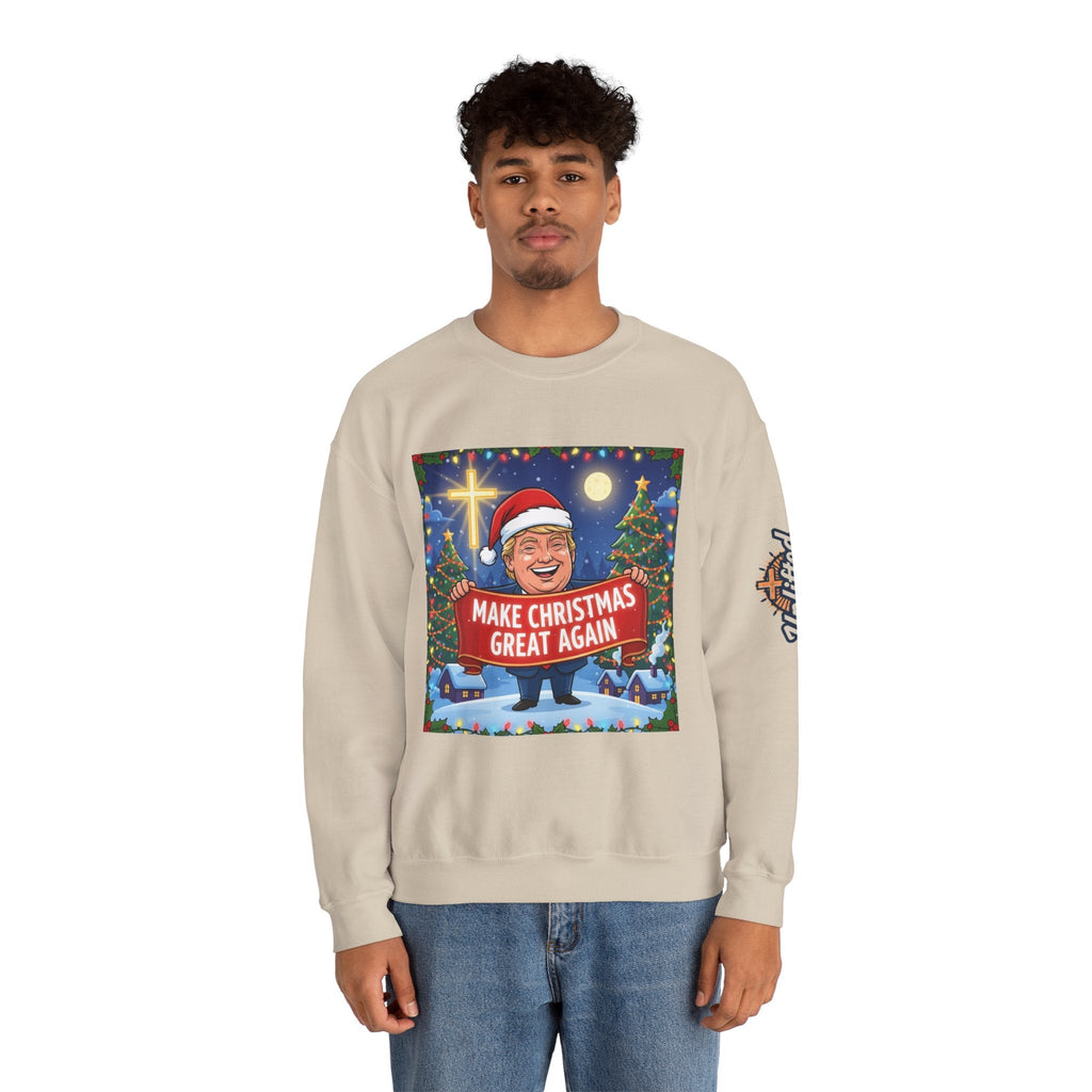🎄 Make Christmas Great Again – Patriotic Christian Christmas Sweatshirt | Bold Holiday Faith Tee | Red & White Banner Design | Uplifted Gear Printify