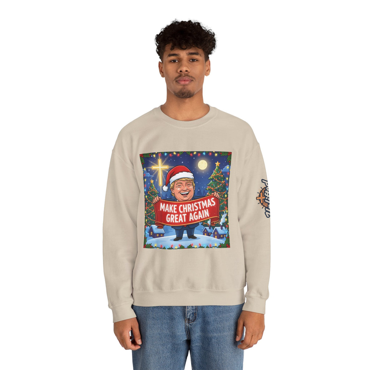 🎄 Make Christmas Great Again – Patriotic Christian Christmas Sweatshirt | Bold Holiday Faith Tee | Red & White Banner Design | Uplifted Gear Printify