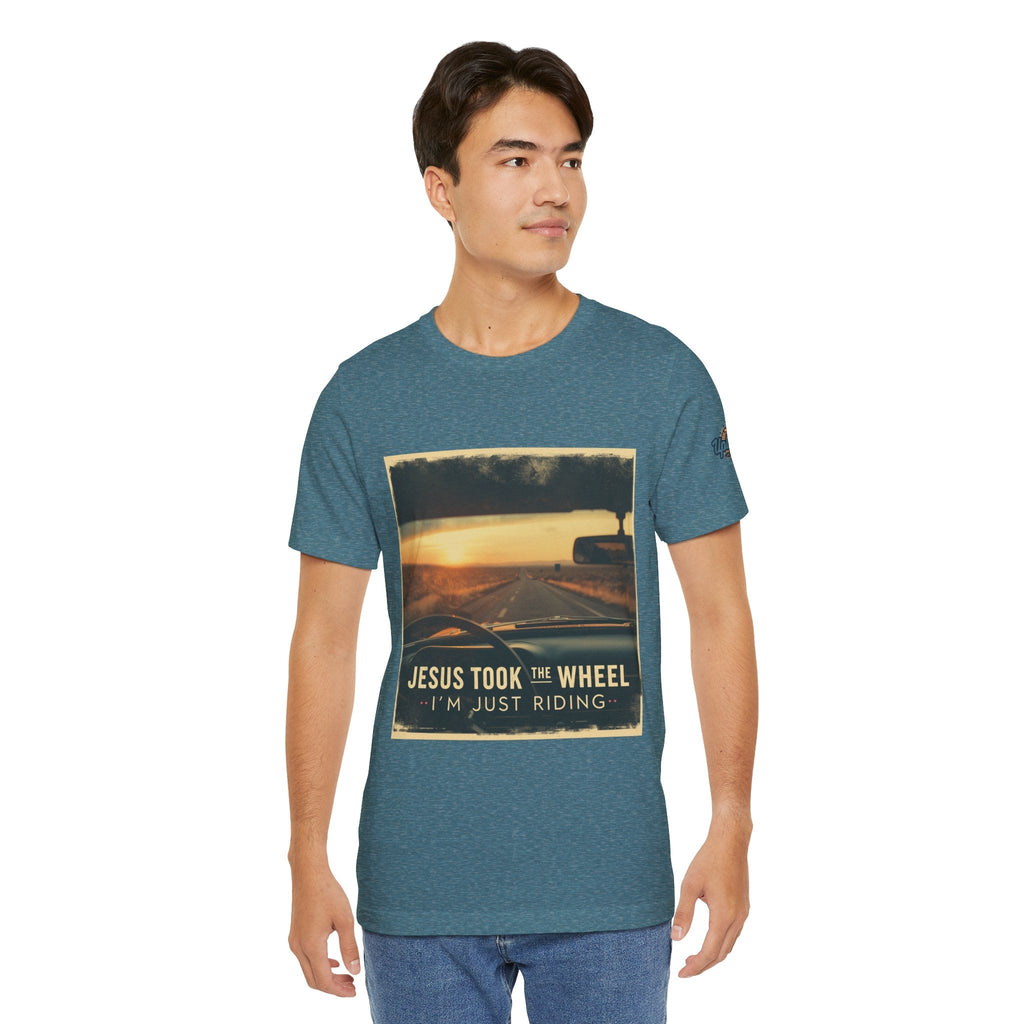 Jesus Took the Wheel I'm Just Riding T-shirt – Funny Christian Convertible Car T-shirt for Surrendered Faith & Humor Printify