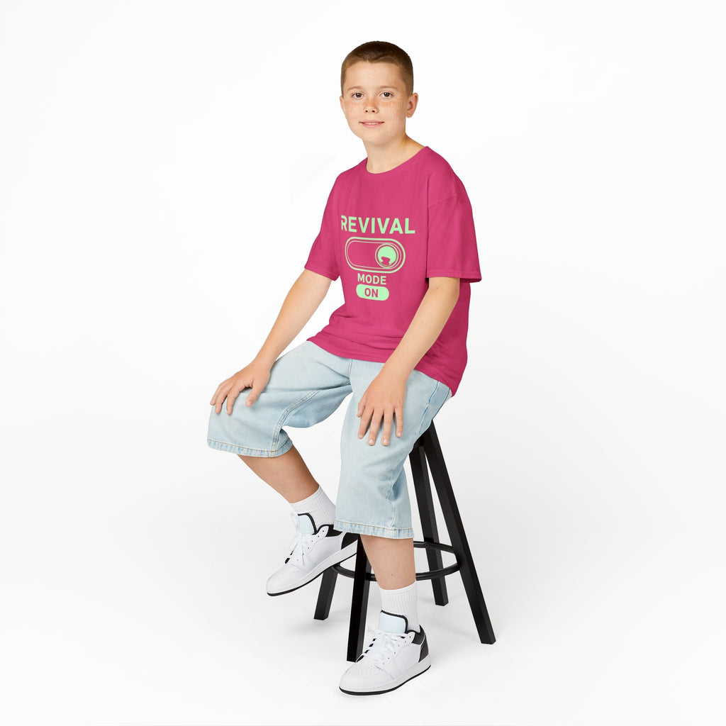 🔥 Revival Mode: ON – Christian Techwear Kids T-Shirt | Glowing Green Faith Switch | Futuristic Jesus Shirt | Activate Your Spiritual Awakening | Uplifted Gear Printify