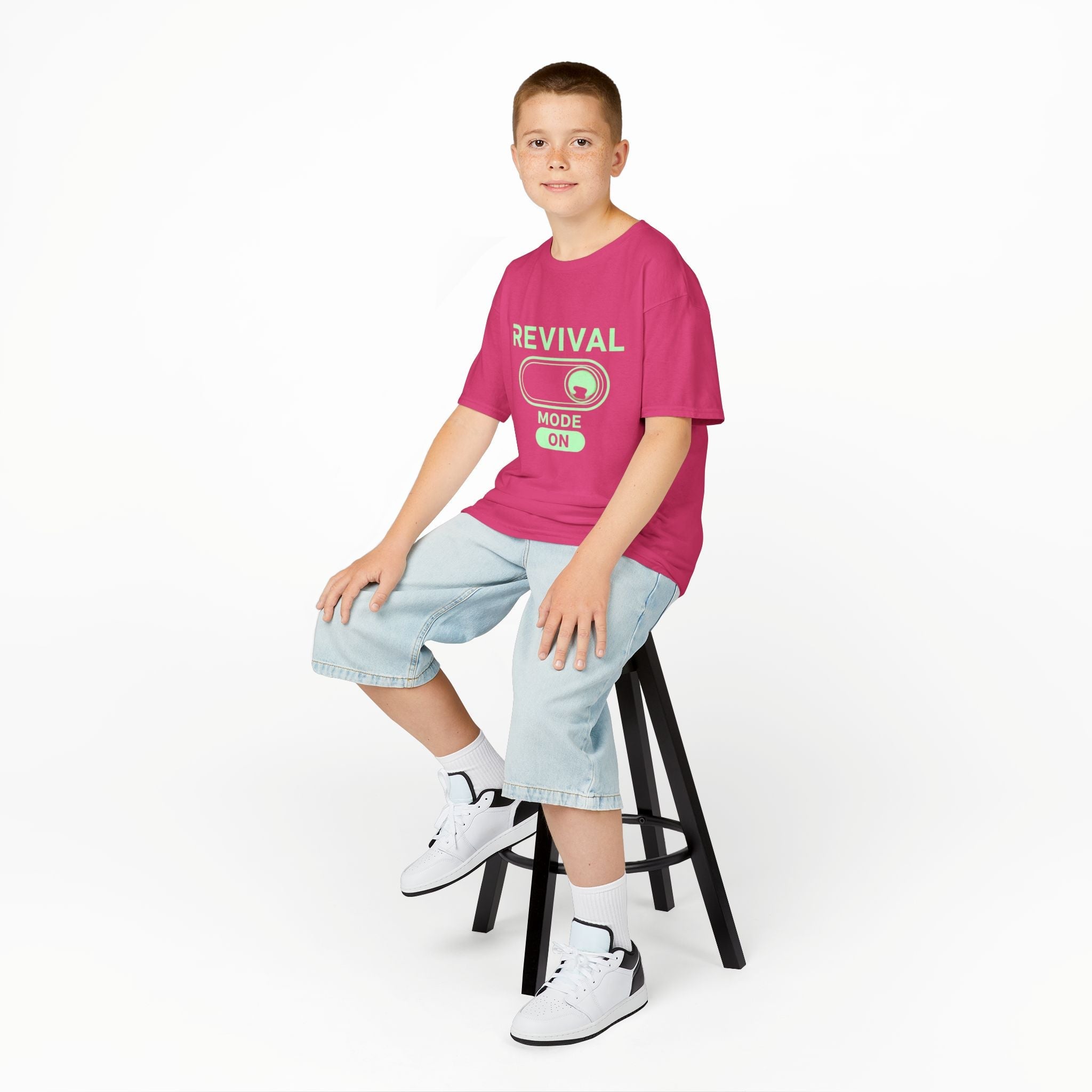 🔥 Revival Mode: ON – Christian Techwear Kids T-Shirt | Glowing Green Faith Switch | Futuristic Jesus Shirt | Activate Your Spiritual Awakening | Uplifted Gear Printify