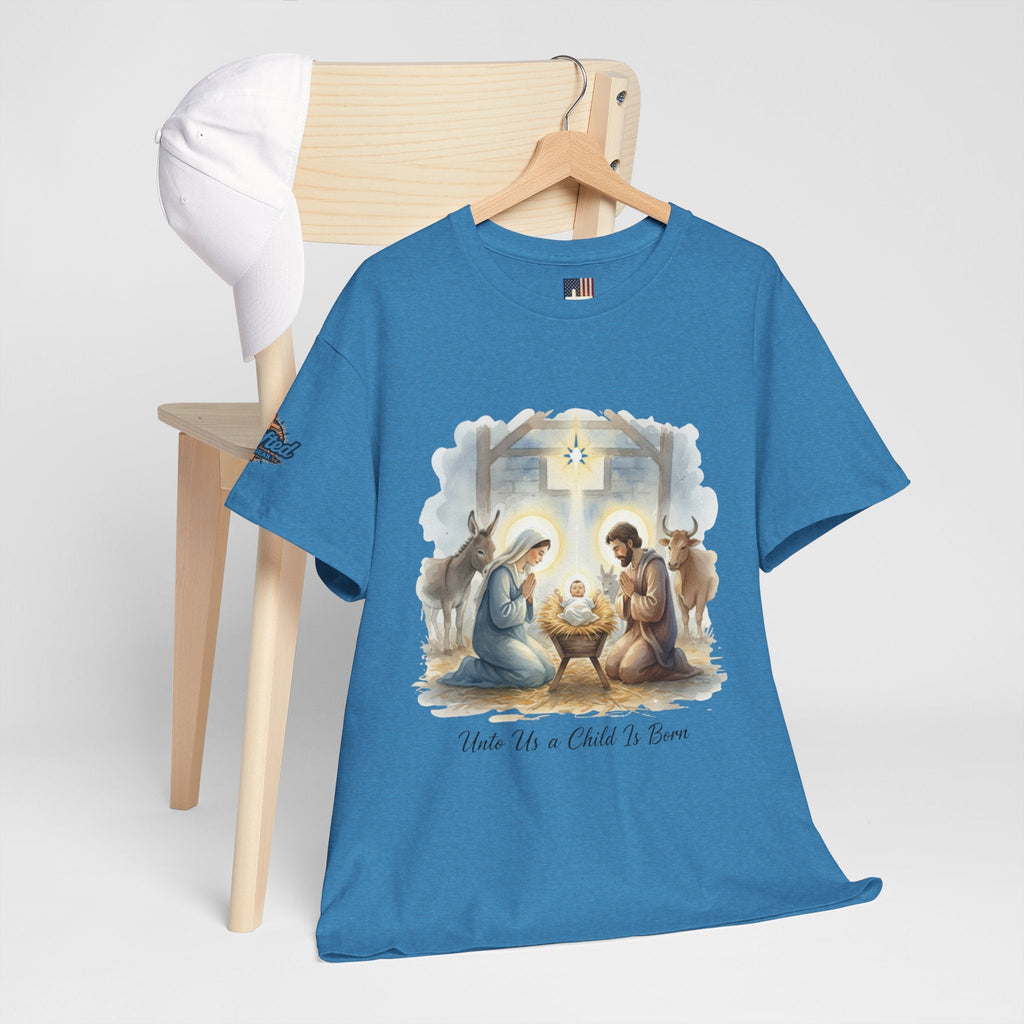Unto Us a Child is Born T-shirt – Isaiah 9:6 Nativity Manger Scene Christian Christmas T-shirt for Holy Night Faith Printify
