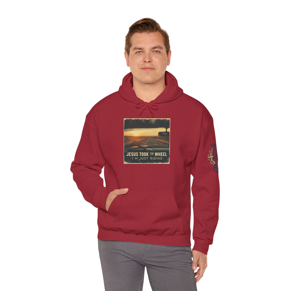 Jesus Took the Wheel I'm Just Riding Hoodie – Funny Christian Convertible Car Sweatshirt for Surrendered Faith & Humor Printify