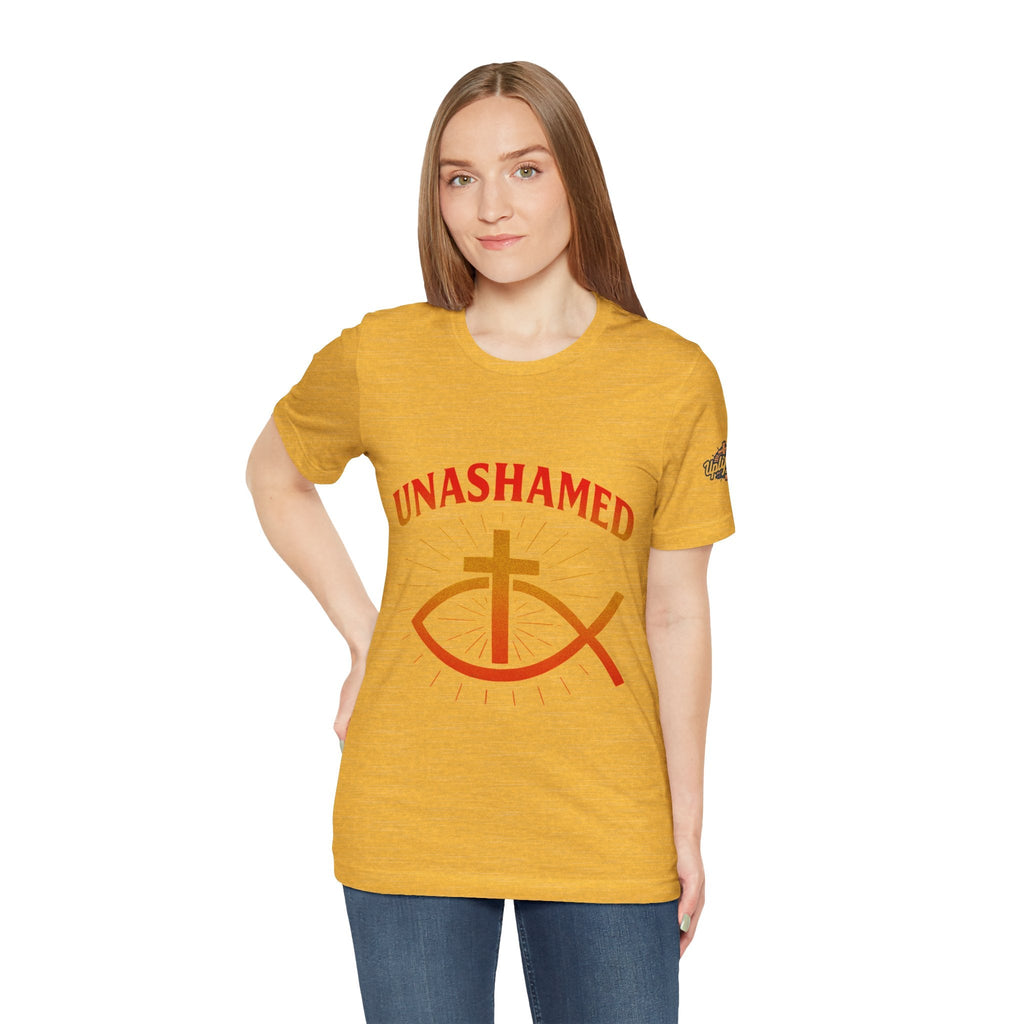 Unashamed T-shirt – Ichthys Jesus Fish & Cross Christian T-shirt for Romans 1:16 Bold Faith Printify