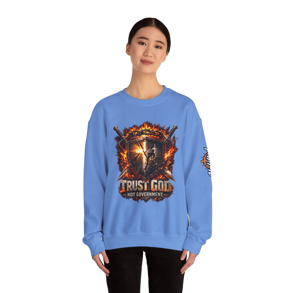 Trust God Not Government Shield Sweatshirt — Patriotic Christian Faith Sweatshirt Printify