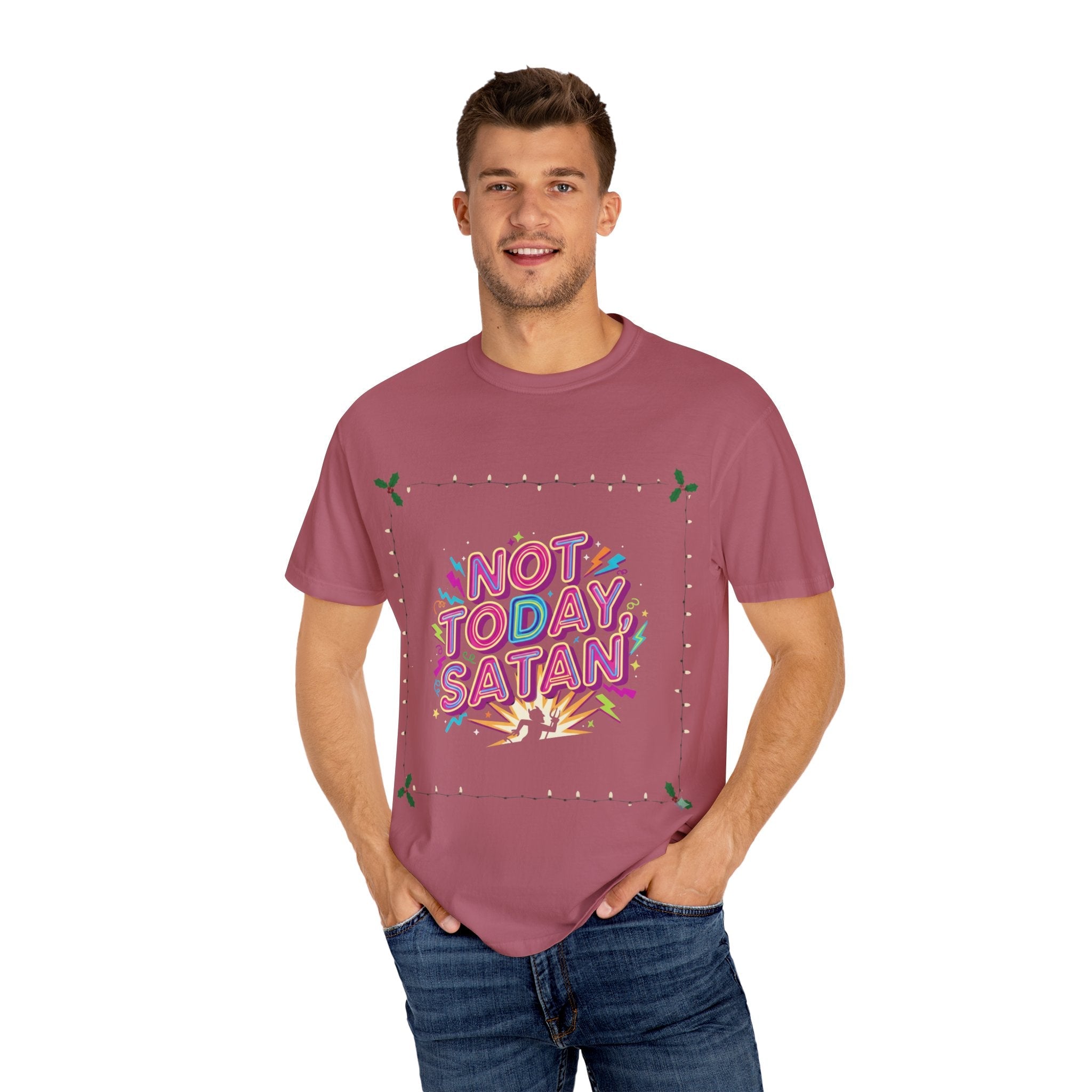 🔥 Not Today, Satan – Retro 90s Christian T-Shirt | Neon Faith Tee | Funky Cartoon Devil | Bold Bible Verse Shirt | Uplifted Gear Printify