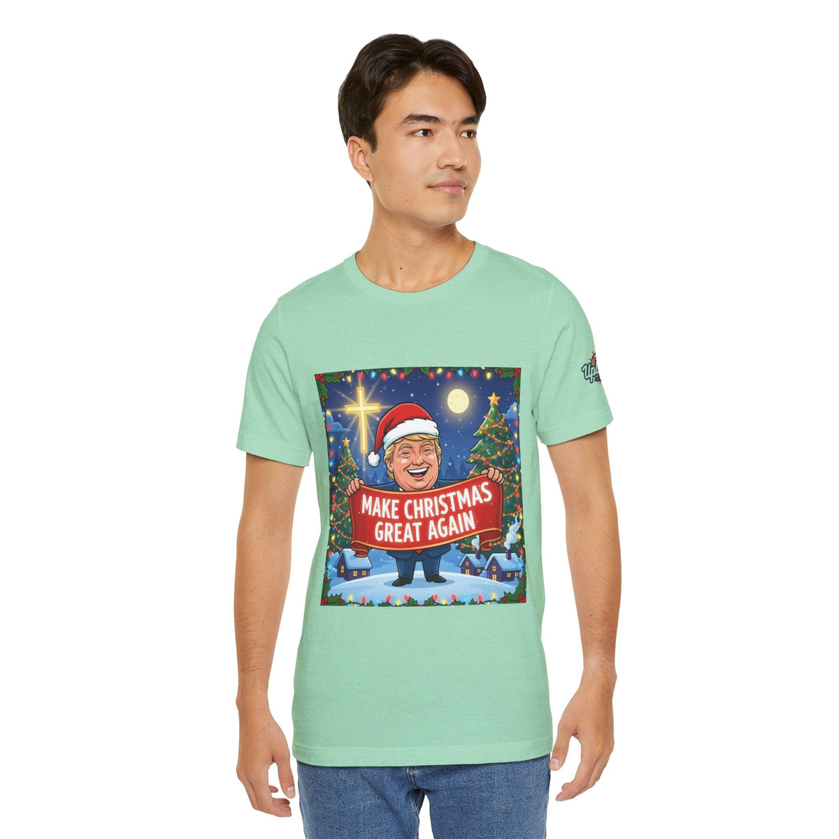 🎄 Make Christmas Great Again – Patriotic Christian Christmas T-Shirt | Bold Holiday Faith Tee | Red & White Banner Design | Uplifted Gear Printify