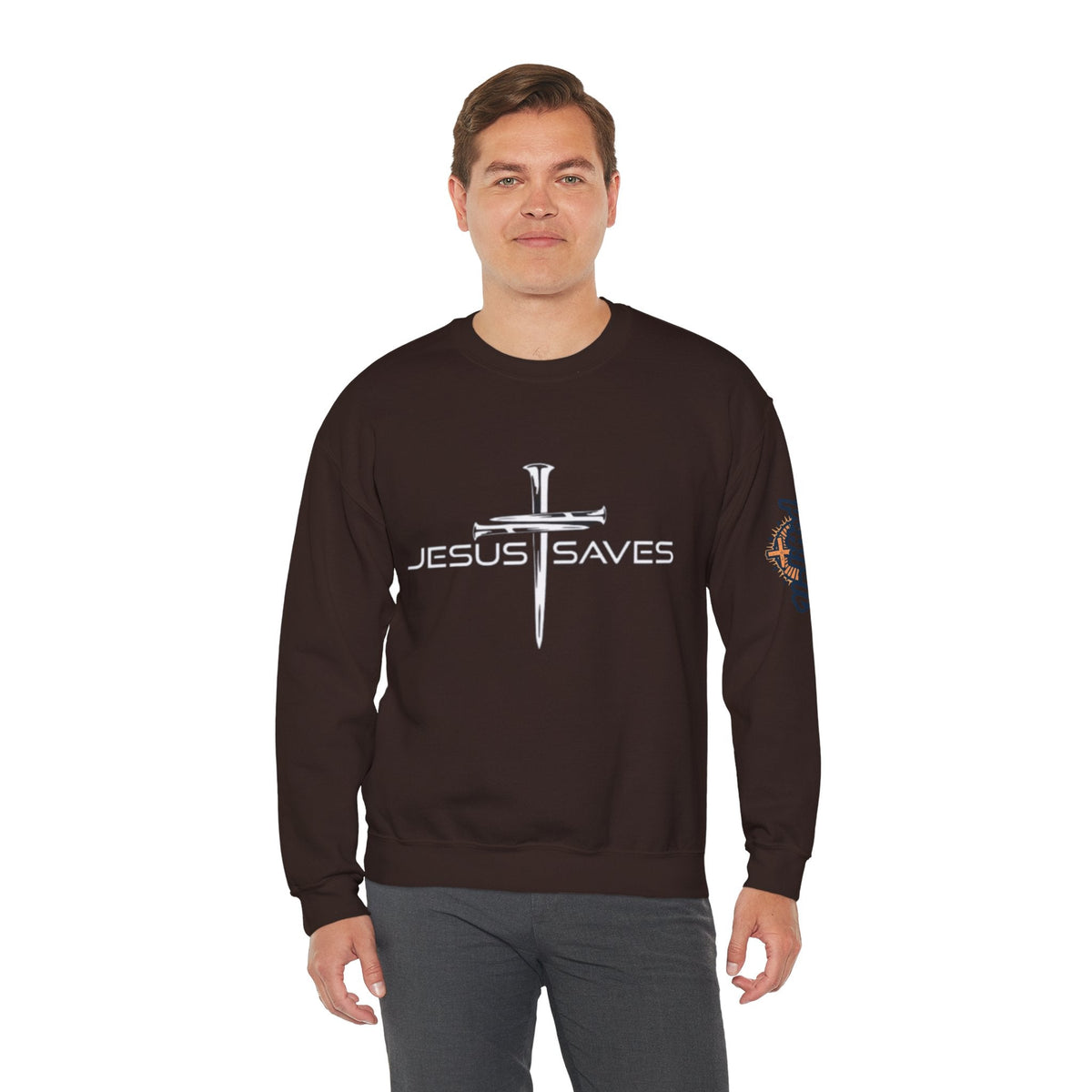 Jesus Saves Sweatshirt – 3 Nails Crucifix Cross Christian Sweatshirt for Redemption Faith & Bold Salvation Printify