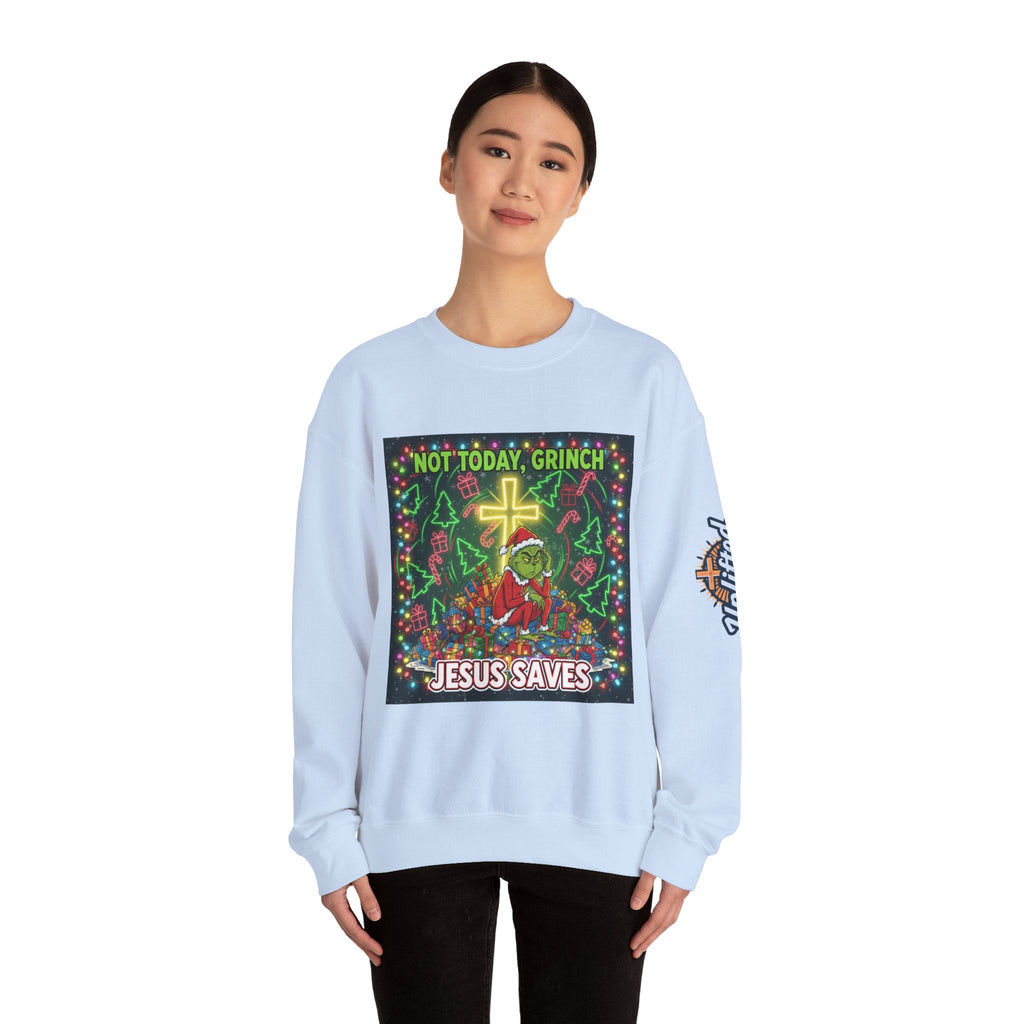 🎄 Not Today, Grinch – Jesus Saves | Funny Christian Christmas Sweatshirt | Festive Green & Red Cartoon Style | Bold Faith Holiday Tee by Uplifted Gear Printify