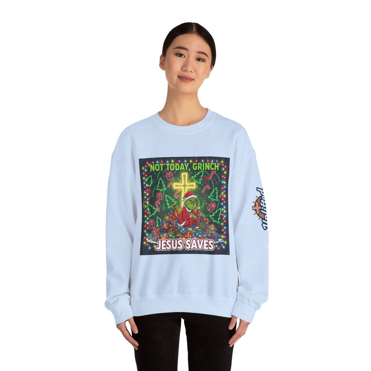 🎄 Not Today, Grinch – Jesus Saves | Funny Christian Christmas Sweatshirt | Festive Green & Red Cartoon Style | Bold Faith Holiday Tee by Uplifted Gear Printify