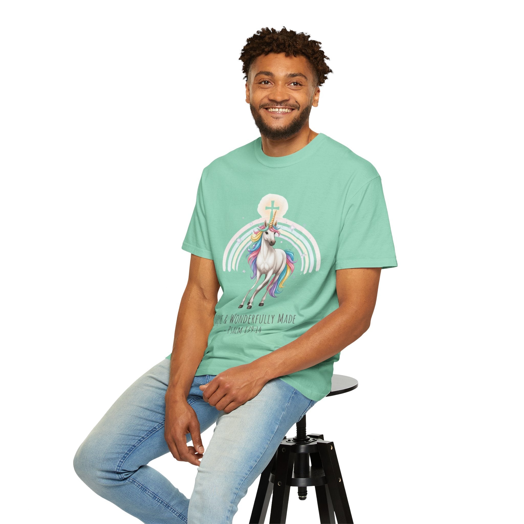 Unique Unicorn Christian T-Shirt – Wonderfully Made with Rainbow Cross & Psalm 139:14 Printify