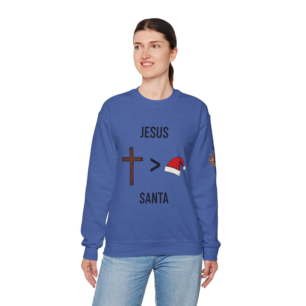 🎄 Jesus > Santa – Minimalist Christian Christmas Sweatshirt | Bold Faith Over Holiday Tee | Cross vs Santa Hat Design | Uplifted Gear Printify