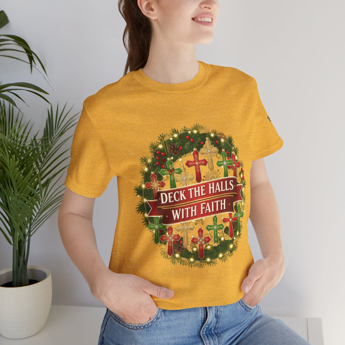 🎄 Deck the Halls with Faith – Christian Christmas T-Shirt | Cross Ornament Design & Festive Garland | Bold Holiday Faith Tee by Uplifted Gear Printify