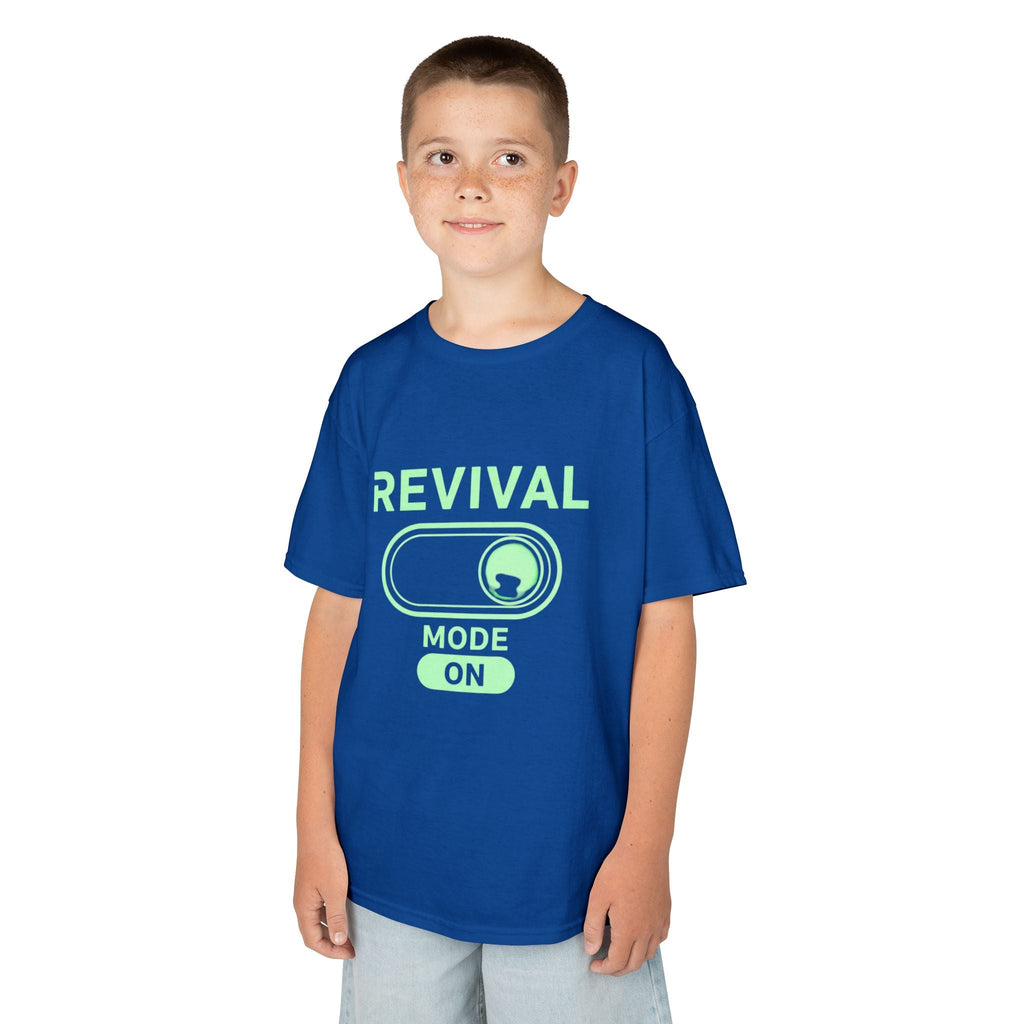 🔥 Revival Mode: ON – Christian Techwear Kids T-Shirt | Glowing Green Faith Switch | Futuristic Jesus Shirt | Activate Your Spiritual Awakening | Uplifted Gear Printify