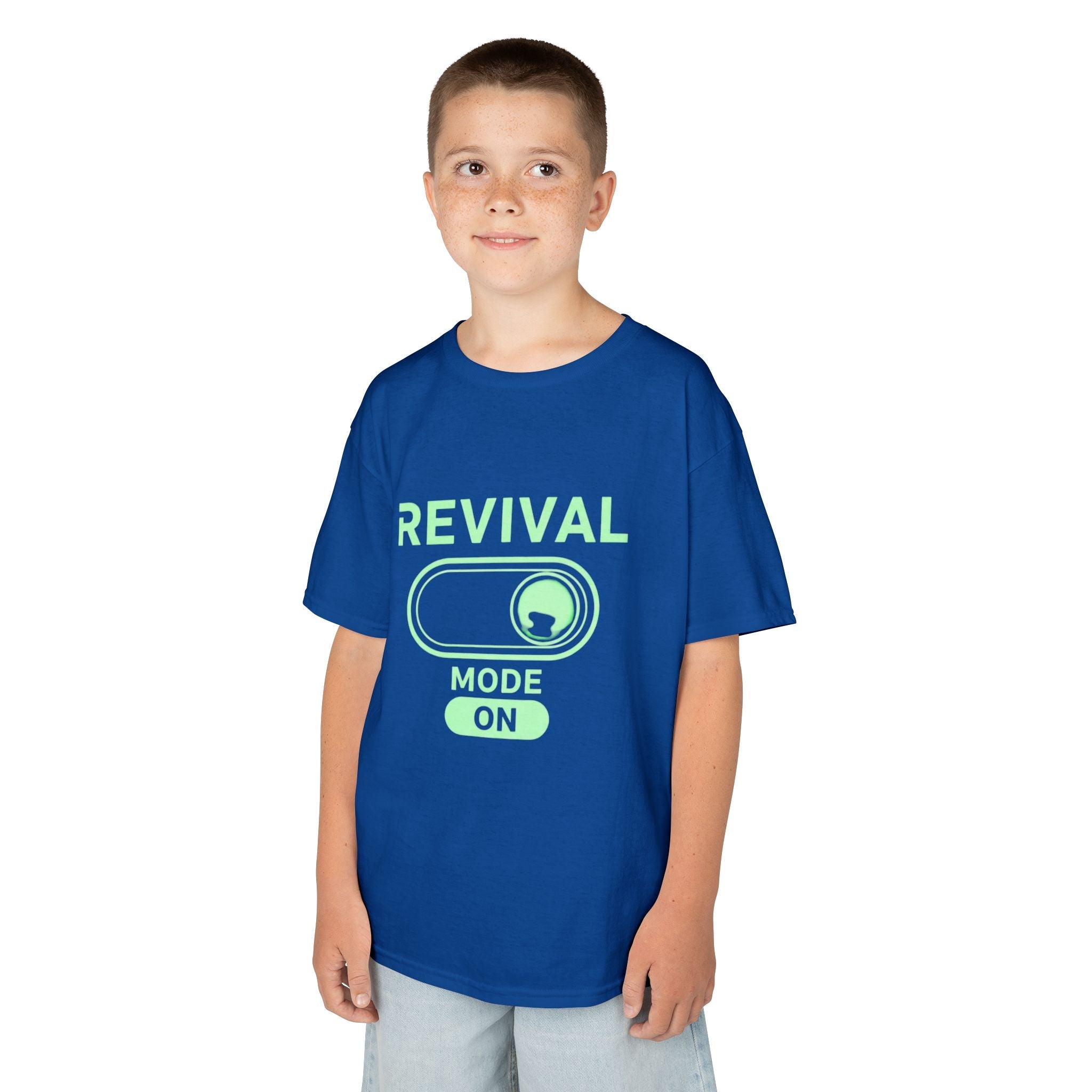 🔥 Revival Mode: ON – Christian Techwear Kids T-Shirt | Glowing Green Faith Switch | Futuristic Jesus Shirt | Activate Your Spiritual Awakening | Uplifted Gear Printify