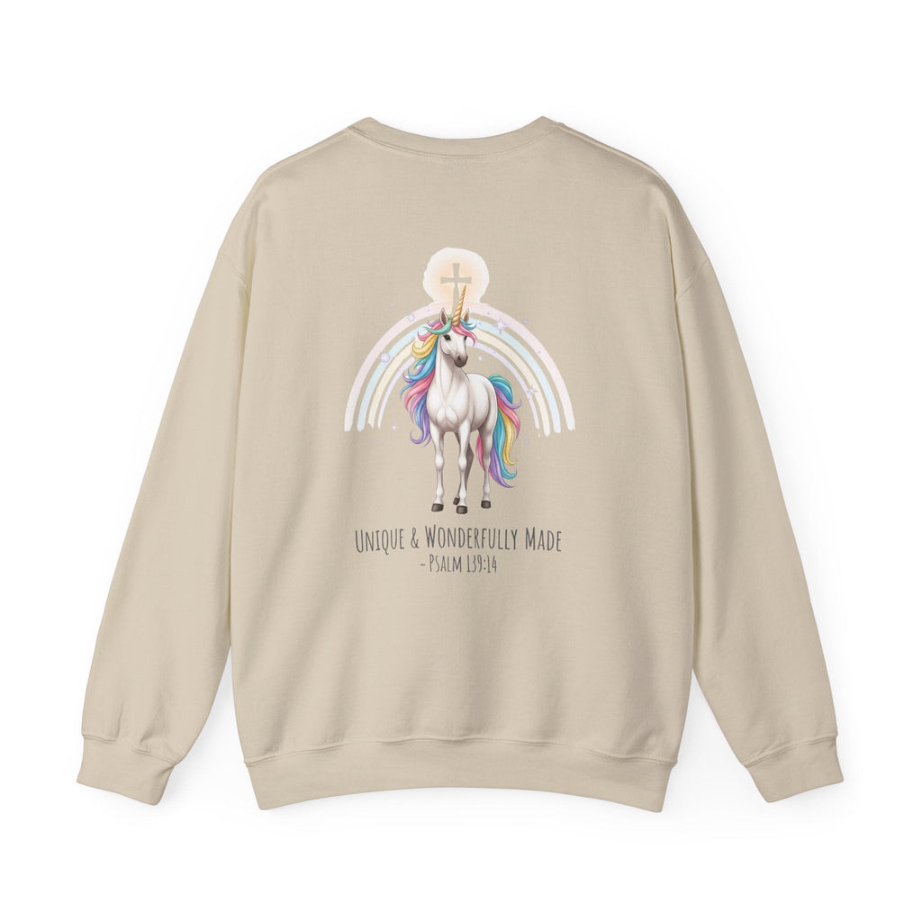 Unique Unicorn Sweatshirt – Rainbow Cross Psalm 139:14 Christian Sweatshirt for Wonderfully Made Printify
