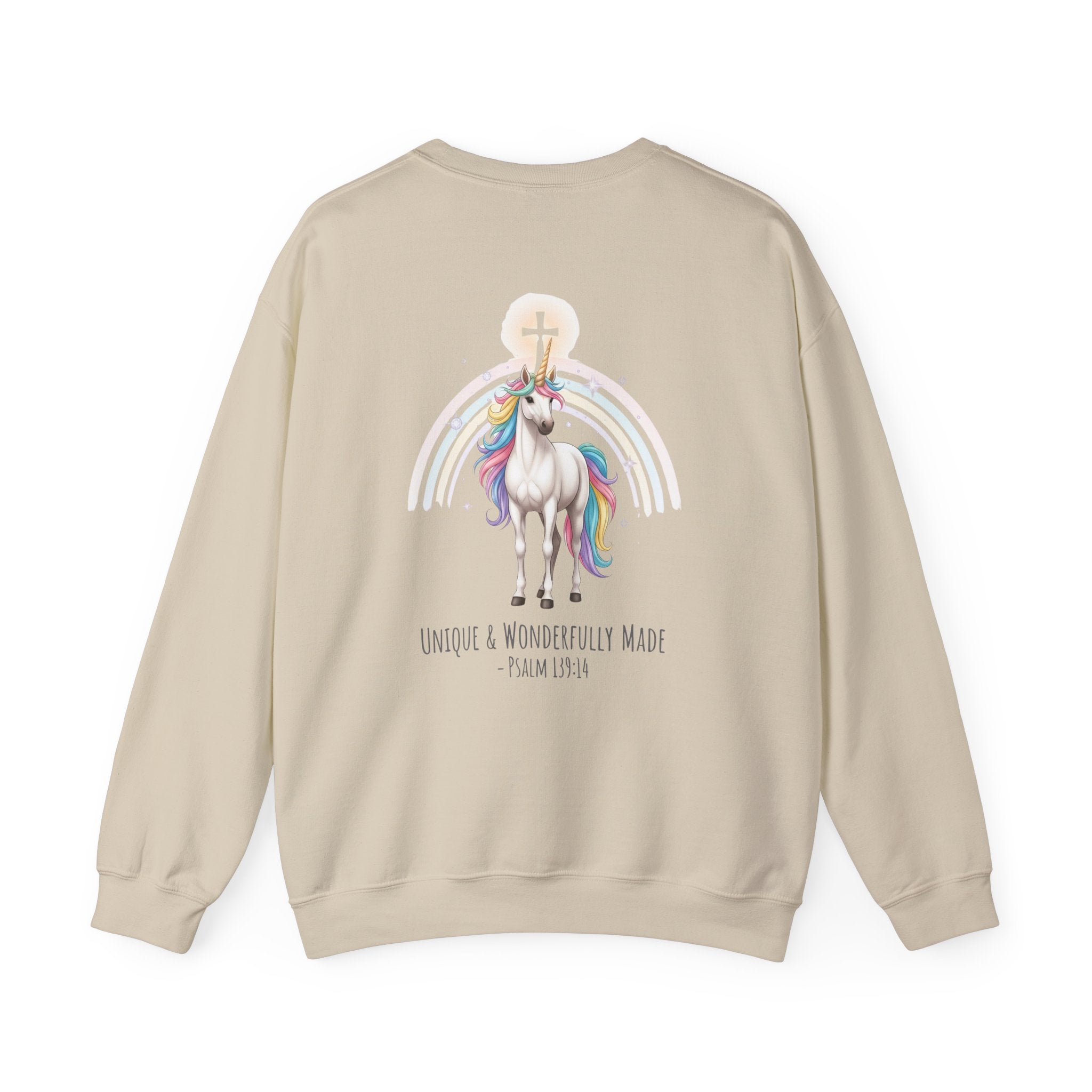 Unique Unicorn Sweatshirt – Rainbow Cross Psalm 139:14 Christian Sweatshirt for Wonderfully Made Printify