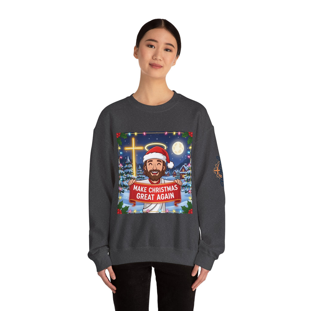🎄 Make Christmas Great Again – Funny Christian Sweatshirt | Jesus Holding Banner | Faith-Based Holiday Parody Tee | Uplifted Gear Printify