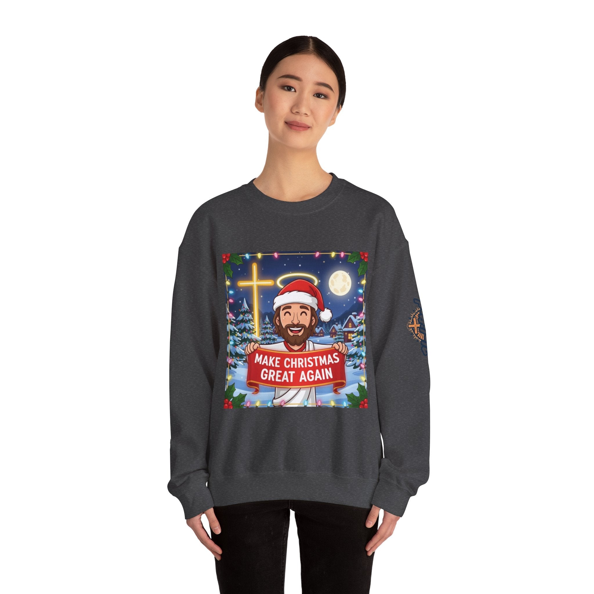 🎄 Make Christmas Great Again – Funny Christian Sweatshirt | Jesus Holding Banner | Faith-Based Holiday Parody Tee | Uplifted Gear Printify