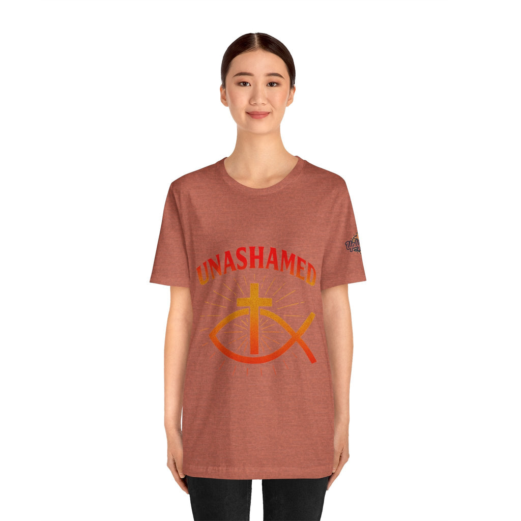 Unashamed T-shirt – Ichthys Jesus Fish & Cross Christian T-shirt for Romans 1:16 Bold Faith Printify