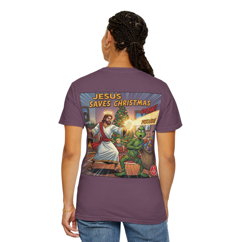 Jesus Saves Christmas T-shirt – Grinch vs Savior Light Battle Christian T-shirt for Hilarious Holiday Faith & True Joy Printify