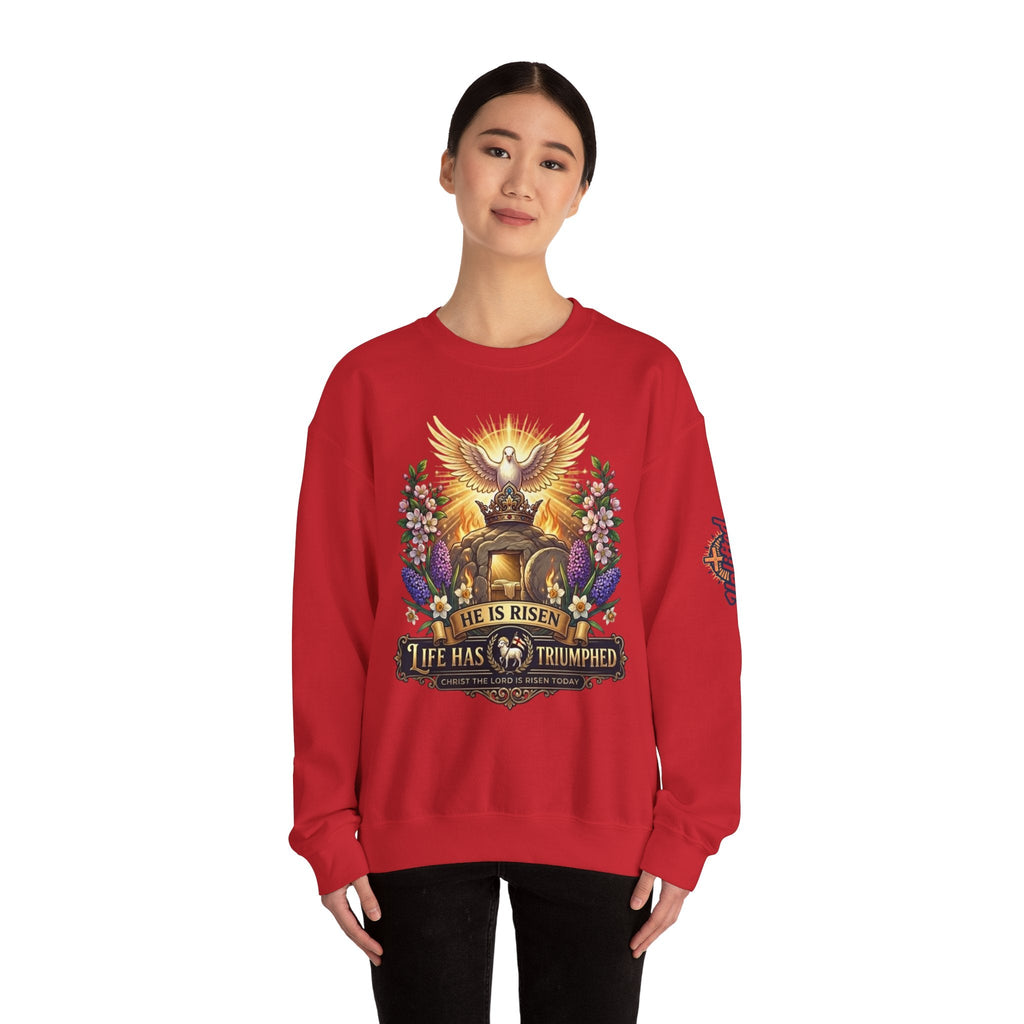 He Is Risen "Life Has Triumphed" Sweatshirt — Easter Resurrection Christian Sweatshirt Printify