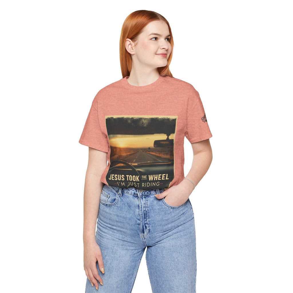 Jesus Took the Wheel I'm Just Riding T-shirt – Funny Christian Convertible Car T-shirt for Surrendered Faith & Humor Printify