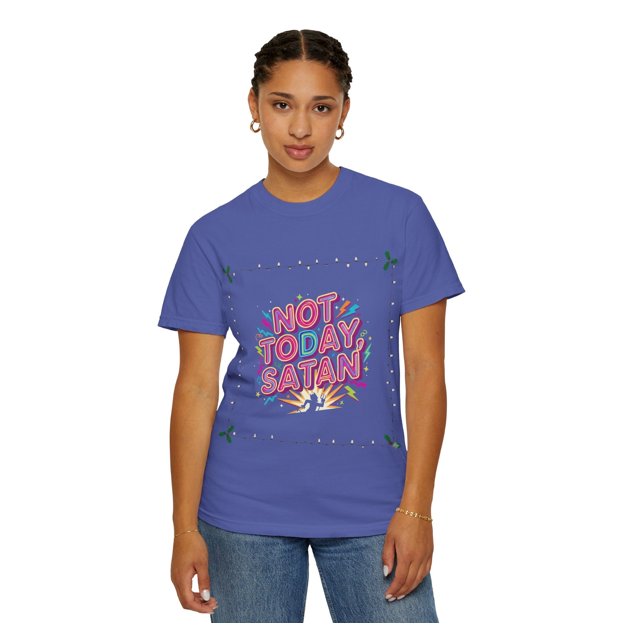 🔥 Not Today, Satan – Retro 90s Christian T-Shirt | Neon Faith Tee | Funky Cartoon Devil | Bold Bible Verse Shirt | Uplifted Gear Printify