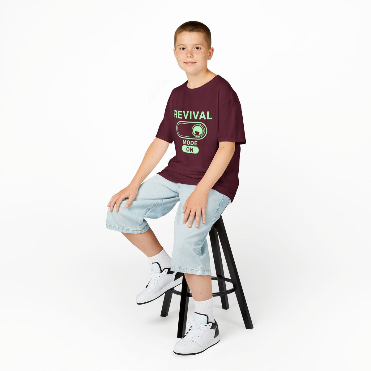 🔥 Revival Mode: ON – Christian Techwear Kids T-Shirt | Glowing Green Faith Switch | Futuristic Jesus Shirt | Activate Your Spiritual Awakening | Uplifted Gear Printify