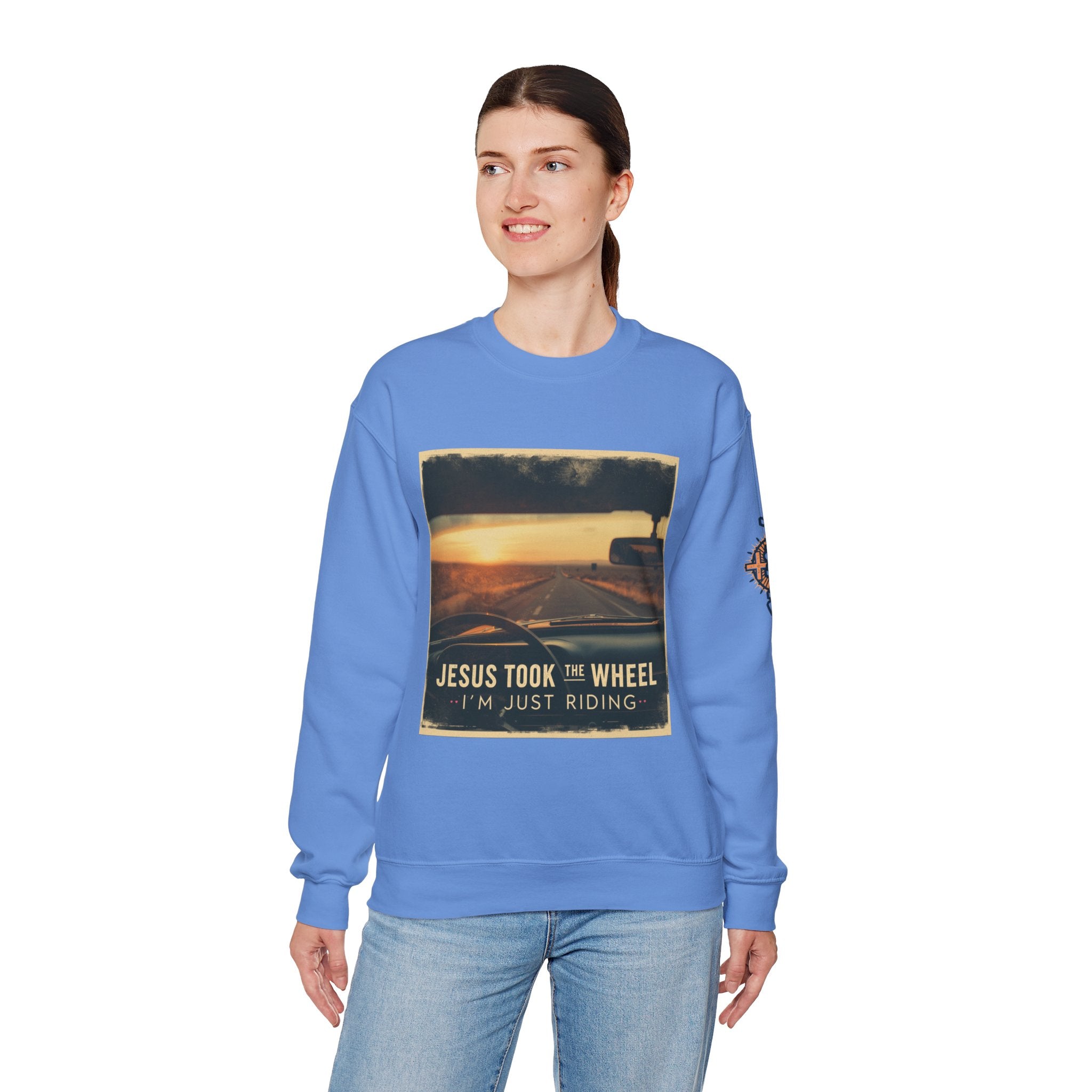 Jesus Took the Wheel I'm Just Riding Sweatshirt – Funny Christian Convertible Car Sweatshirt for Surrendered Faith & Humor