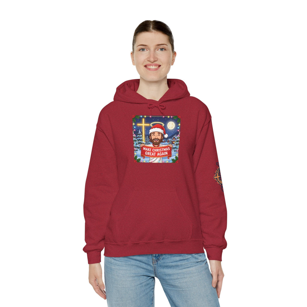 🎄 Make Christmas Great Again – Funny Christian Hoodie | Jesus Holding Banner | Faith-Based Holiday Parody Tee | Uplifted Gear Printify