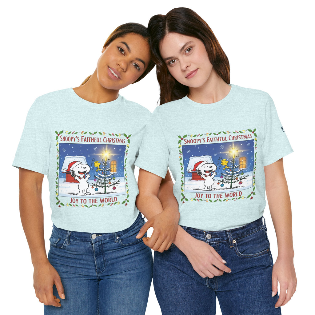🎄 Faithful Christmas Friends – Christian Holiday T-Shirt | Festive Tree & Cartoon Duo | Heartwarming Christmas Tee by Uplifted Gear Printify