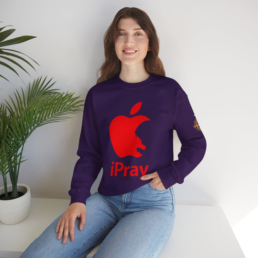iPray Apple Logo Sweatshirt — Funny Christian Sweatshirt (Minimal Red Apple Graphic) Printify