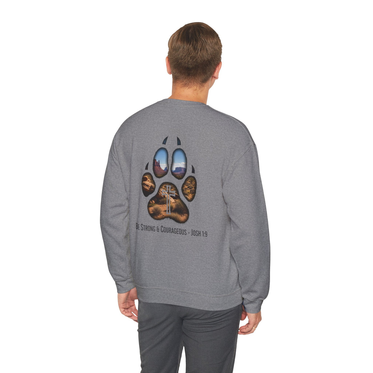 Strong and Courageous Sweatshirt – Joshua 1:9 Canine Pawprint Desert Christian Sweatshirt for Dog Lovers Printify