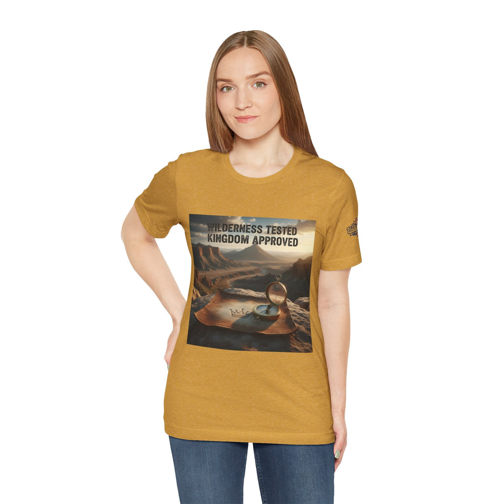 Wilderness Tested Kingdom Approved T-shirt – Mountain Desert Compass Crown Christian T-shirt for Biblical Adventure Faith Printify