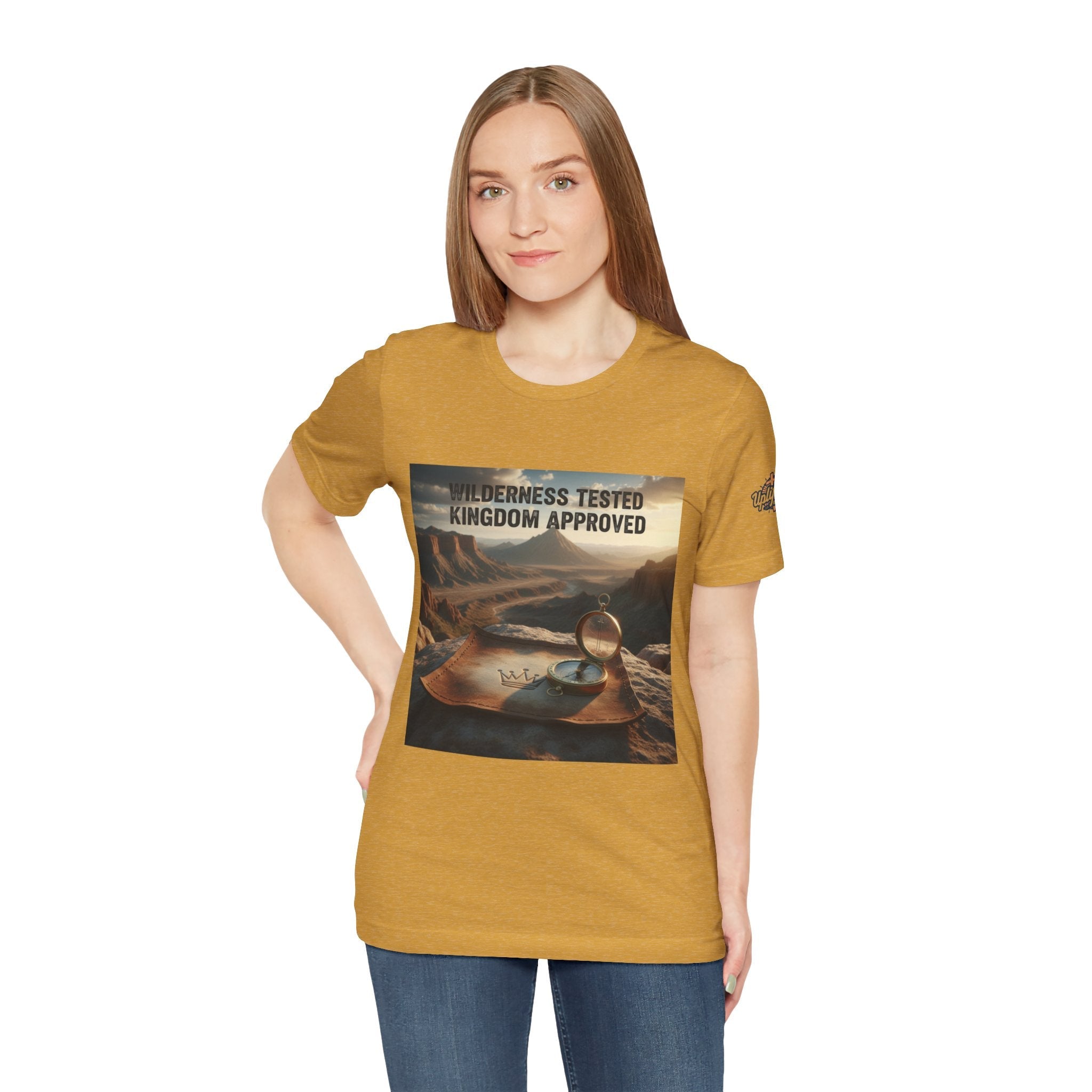 Wilderness Tested Kingdom Approved T-shirt – Mountain Desert Compass Crown Christian T-shirt for Biblical Adventure Faith Printify