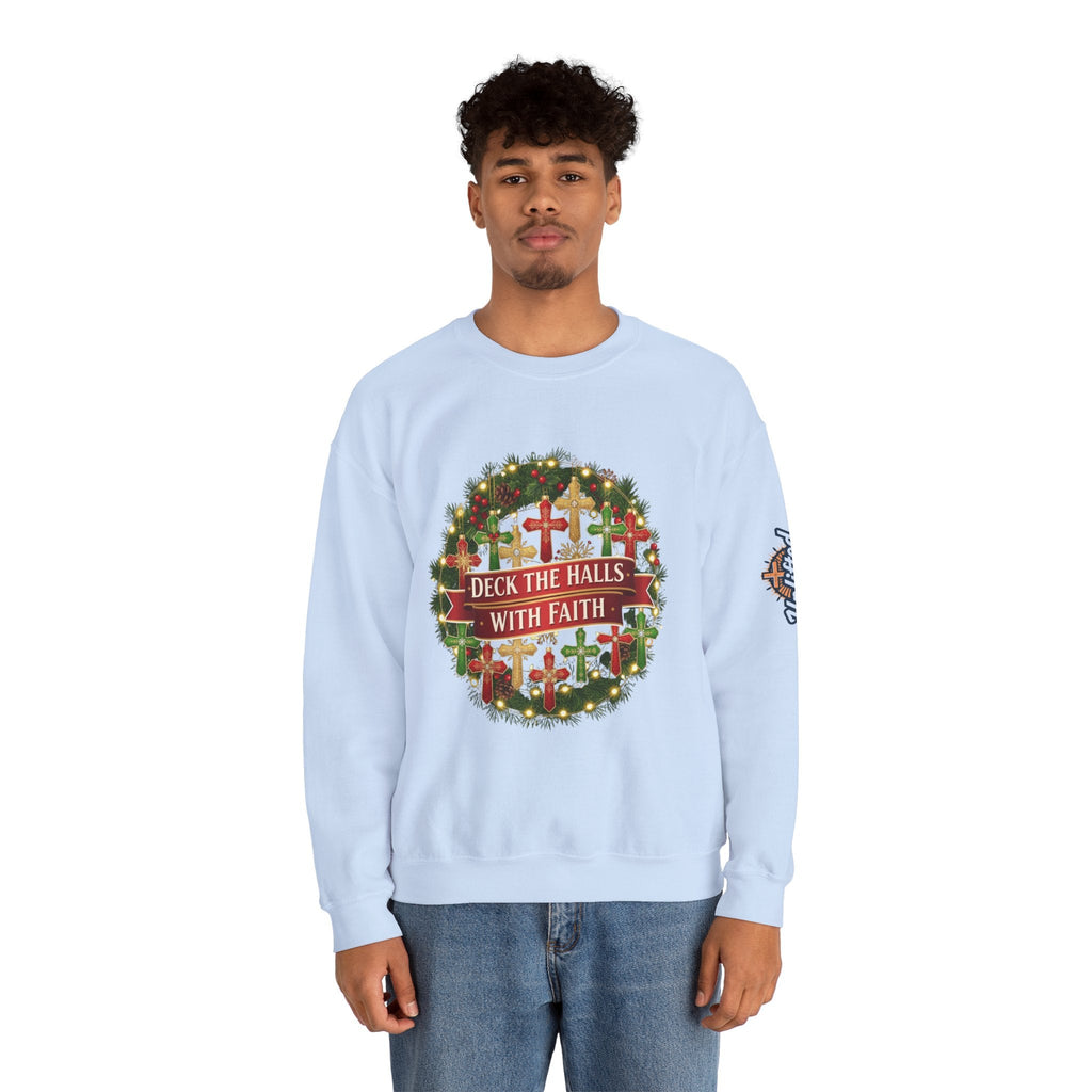 🎄 Deck the Halls with Faith – Christian Christmas Sweatshirt | Cross Ornament Design & Festive Garland | Bold Holiday Faith Tee by Uplifted Gear Printify